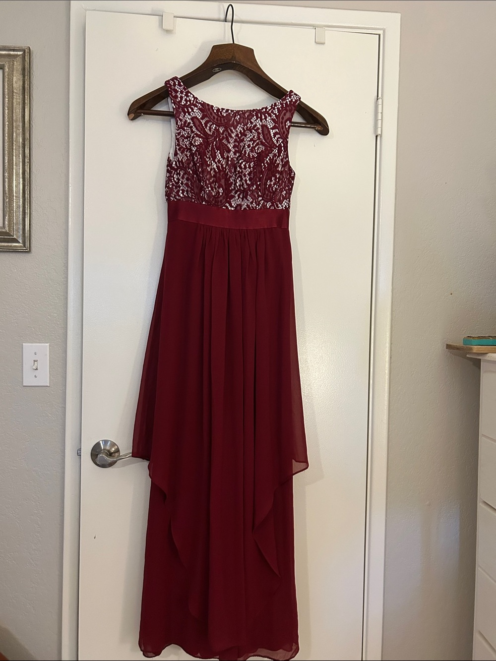 Ever Pretty Burgundy Lace Bodice High-Low Chiffon Dress